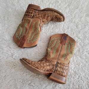 Anderson Bean Cowboy Boots Kids Size 12 Leather Brown Weave Embroidered